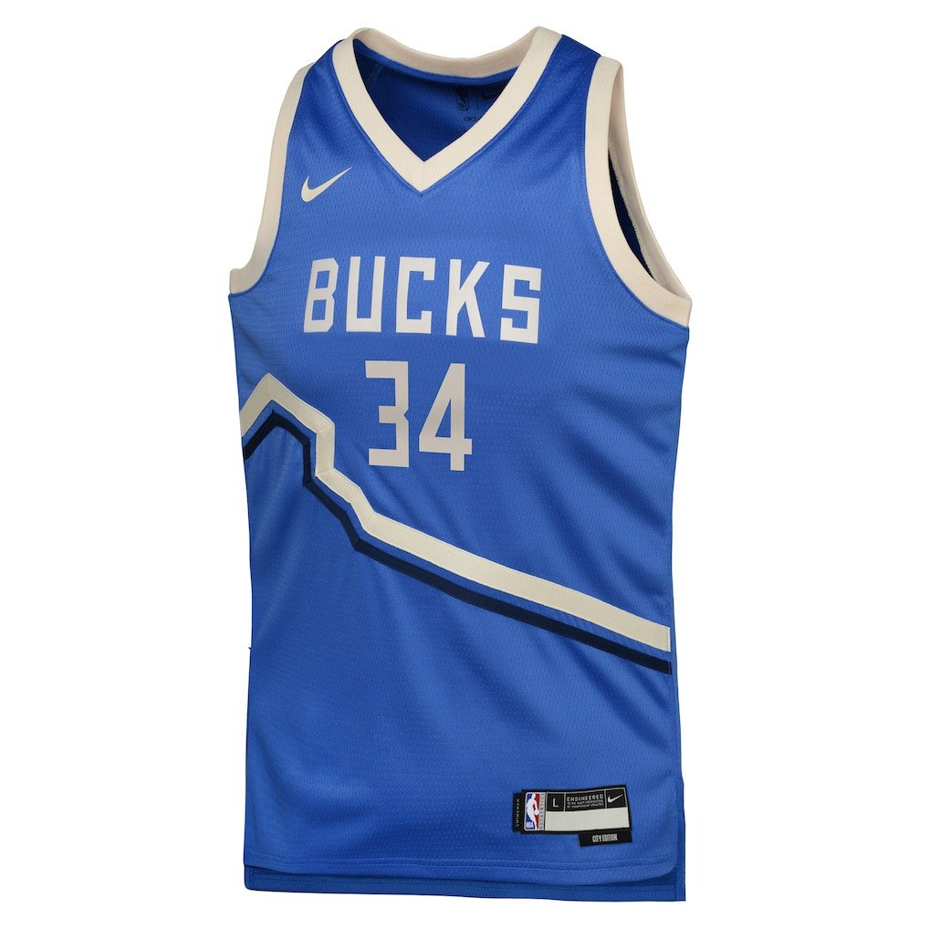 Giannis Antetokounmpo 34 Milwaukee Bucks 2024/25 Swingman Playe City Edition Royal NBA Jersey Youth