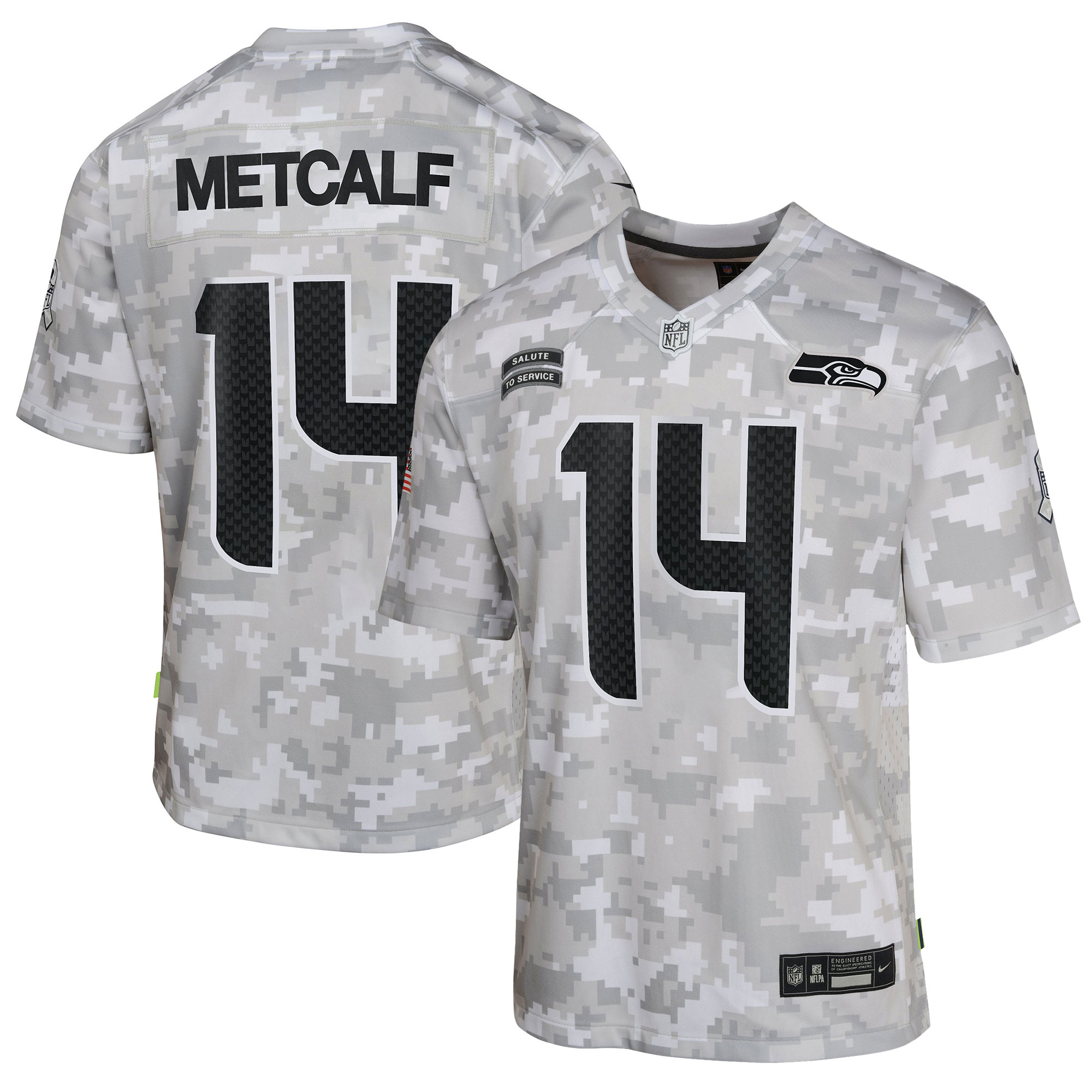 Seattle Seahawks DK Metcalf Arctic Camo 2024 Salute to Service Game NFL Jersey Youth