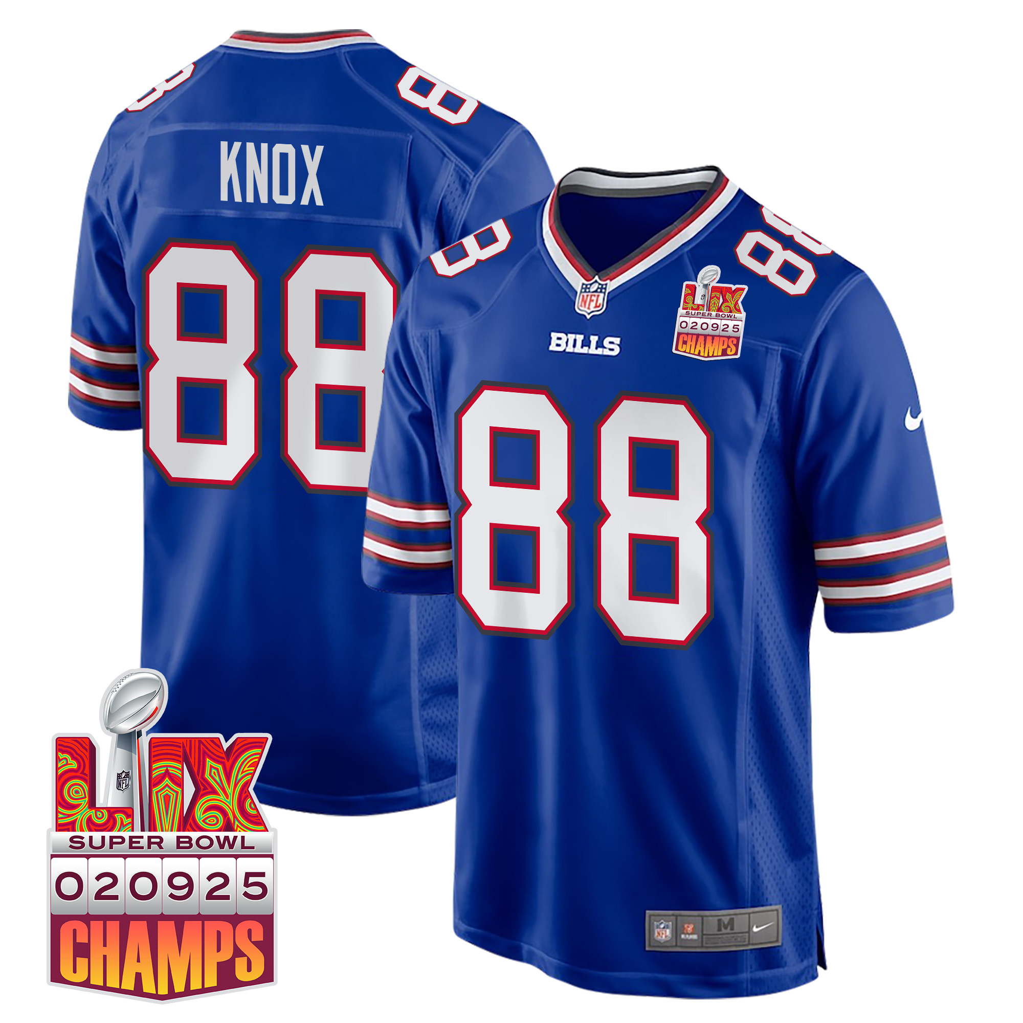 Dawson Knox 88 Buffalo Bills Super Bowl LIX Champions Patch Game Royal NFL Jersey Men's