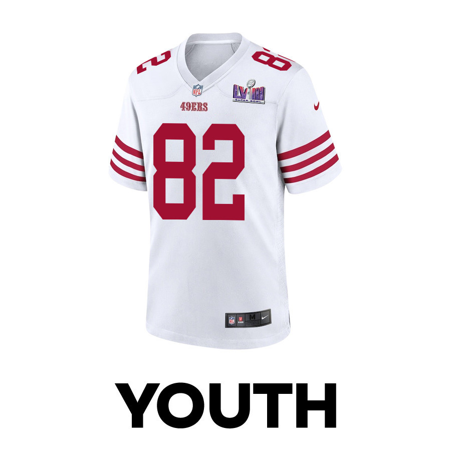 Ross Dwelley 82 San Francisco 49ers Super Bowl LVIII Patch Game White NFL Jersey Youth