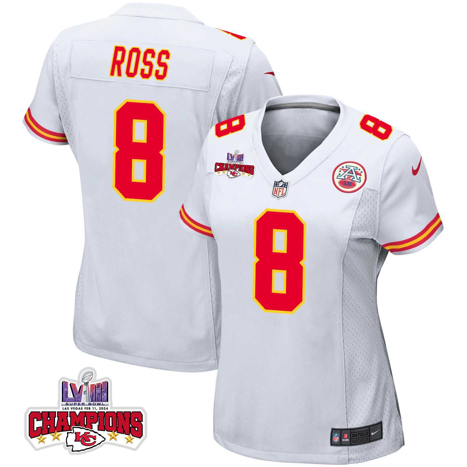 Justyn Ross 8 Kansas City Chiefs Super Bowl LVIII Champions 4 Stars Patch Game White NFL Jersey Women's