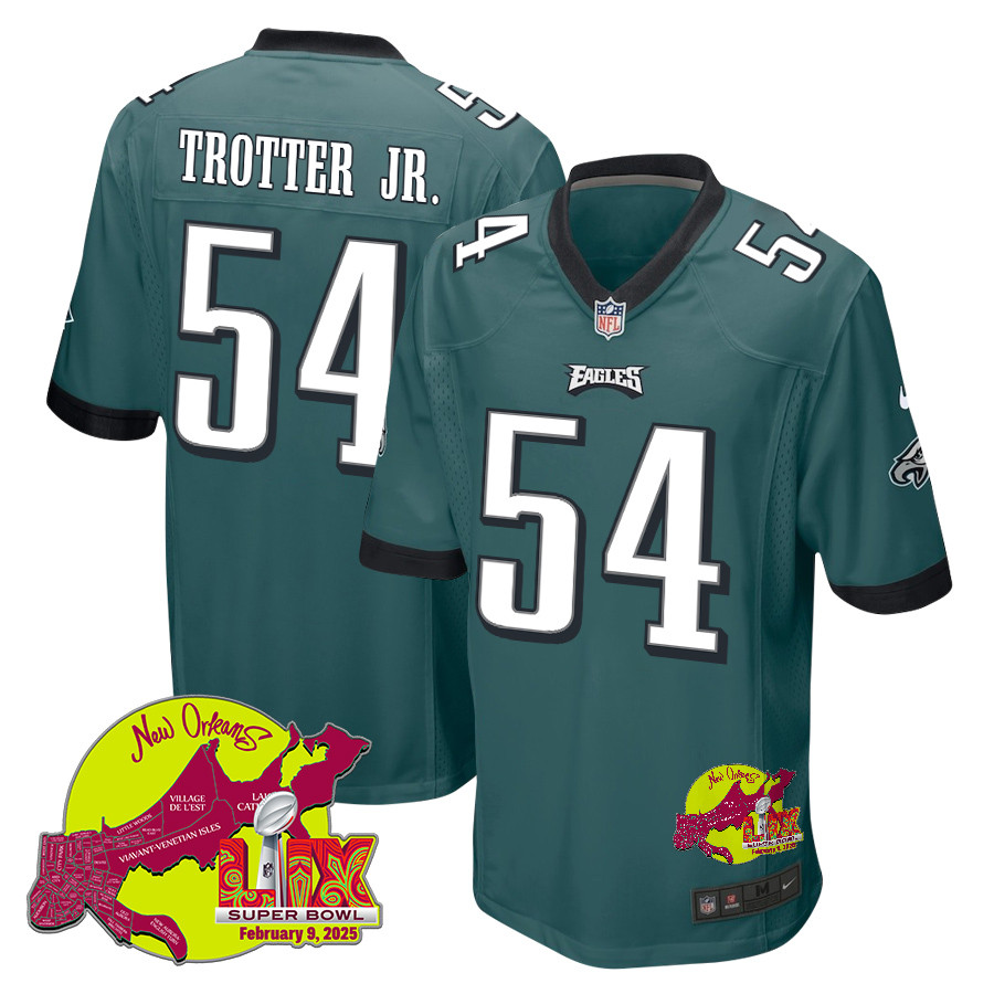 Jeremiah Trotter Jr. 54 Philadelphia Eagles Super Bowl LIX New Orleans Patch Game Midnight Green NFL Jersey Men's