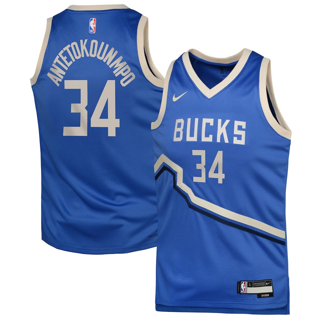 Giannis Antetokounmpo 34 Milwaukee Bucks 2024/25 Swingman Playe City Edition Royal NBA Jersey Youth
