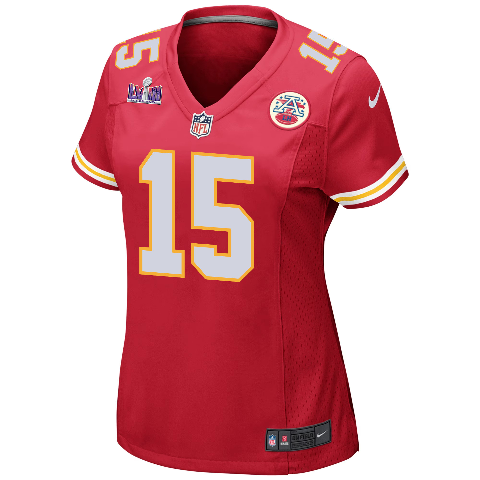 Patrick Mahomes 15 Kansas City Chiefs Super Bowl LVIII Patch Game Red NFL Jersey Women's