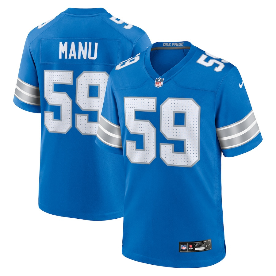 Giovanni Manu 59 Detroit Lions Team Game Blue NFL Jersey Men's