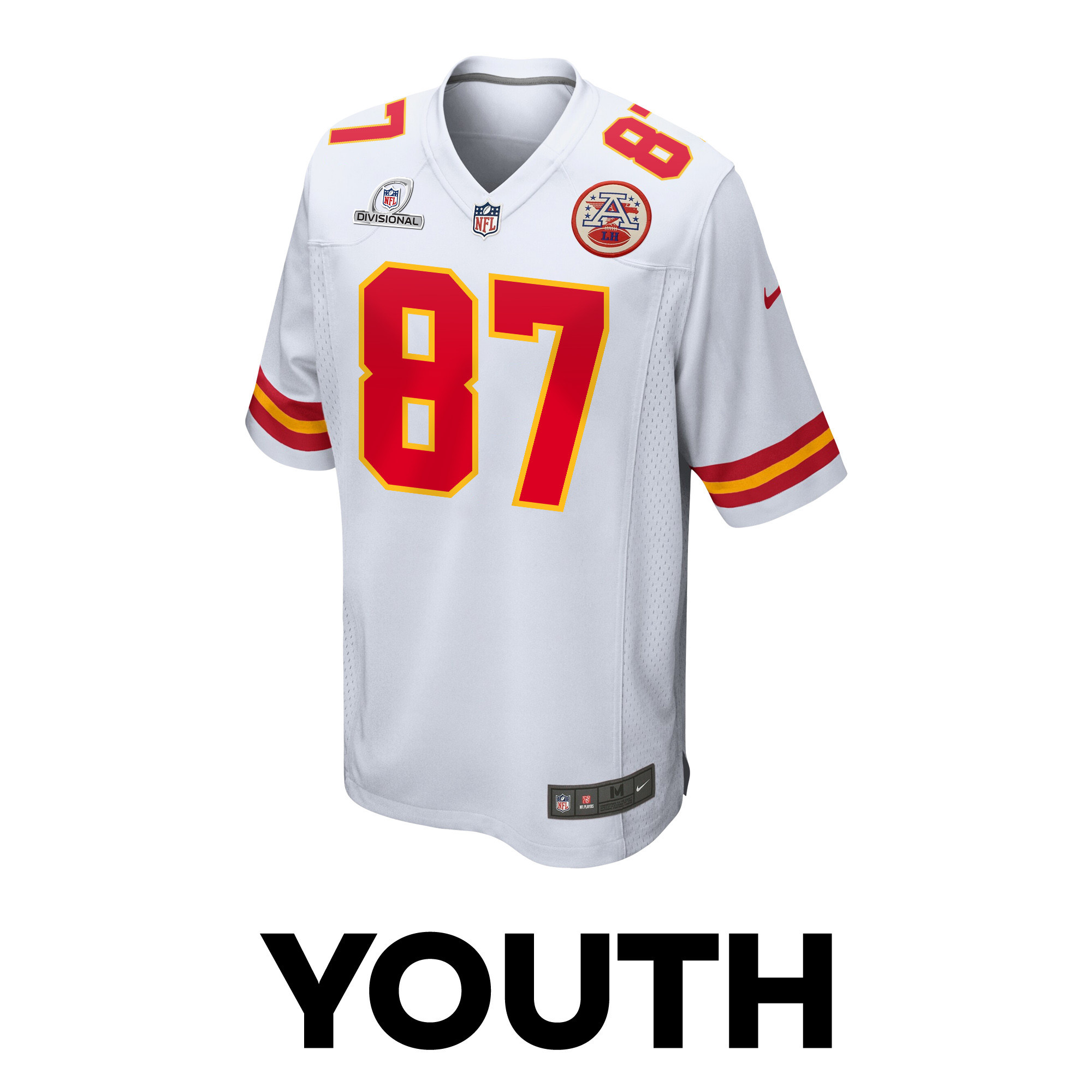 Travis Kelce 87 Kansas City Chiefs Super Bowl LVIII Patch Game White NFL Jersey Youth