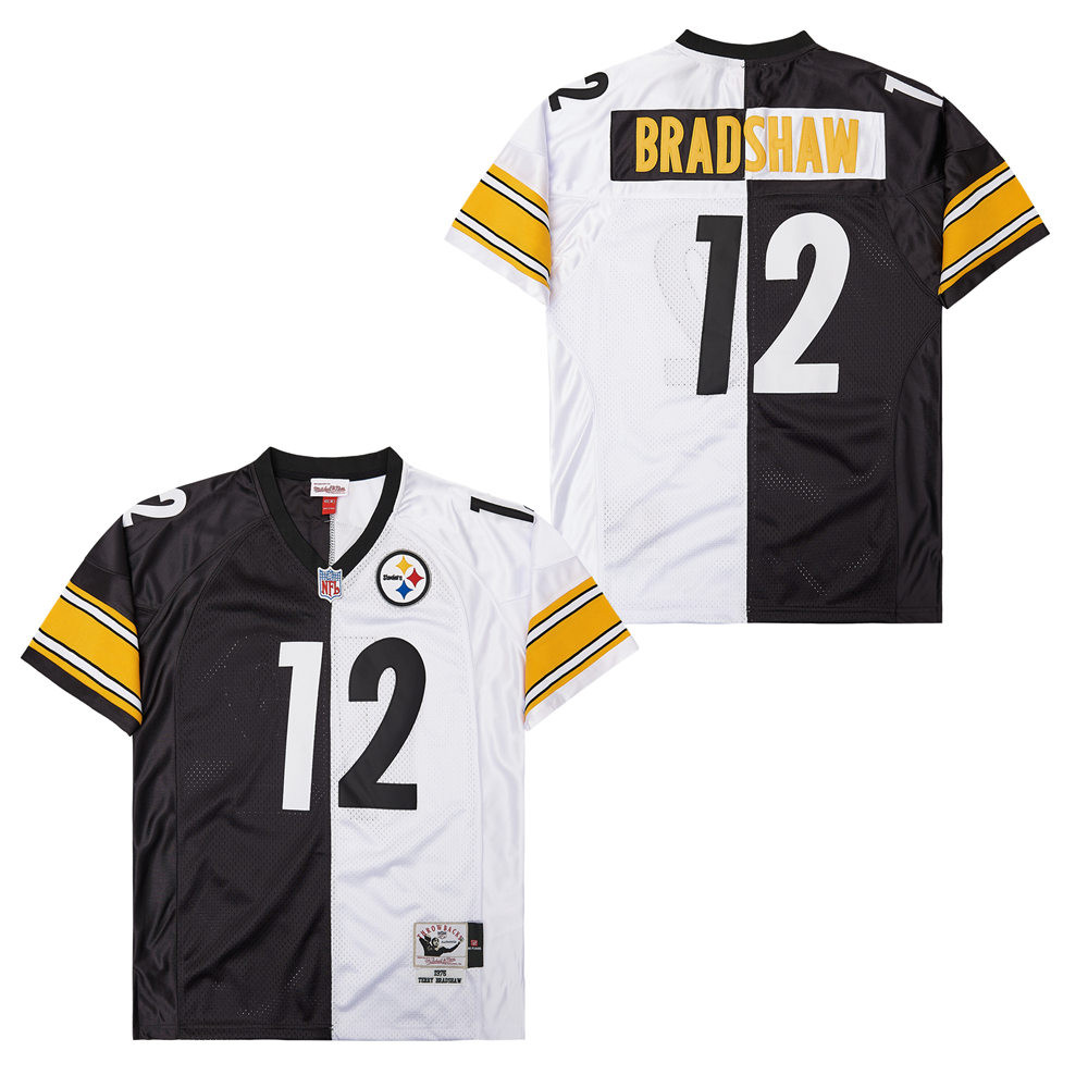 Terry Bradshaw 12 Pittsburgh Steelers Two-Toned Retro Throwback Black/White NFL Jersey Men's