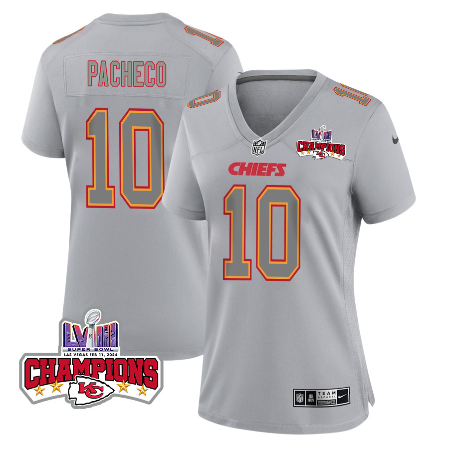 Isiah Pacheco 10 Kansas City Chiefs Super Bowl LVIII Champions 4 Stars Patch Atmosphere Fashion Game Gray NFL Jersey Women's