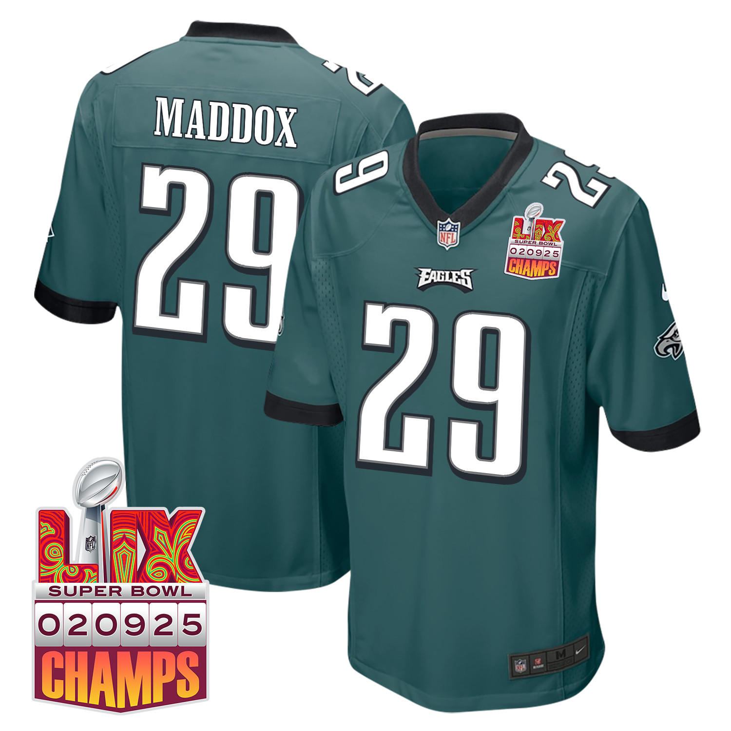 Avonte Maddox 29 Philadelphia Eagles Super Bowl LIX Champions Patch Game Midnight Green NFL Jersey Men's