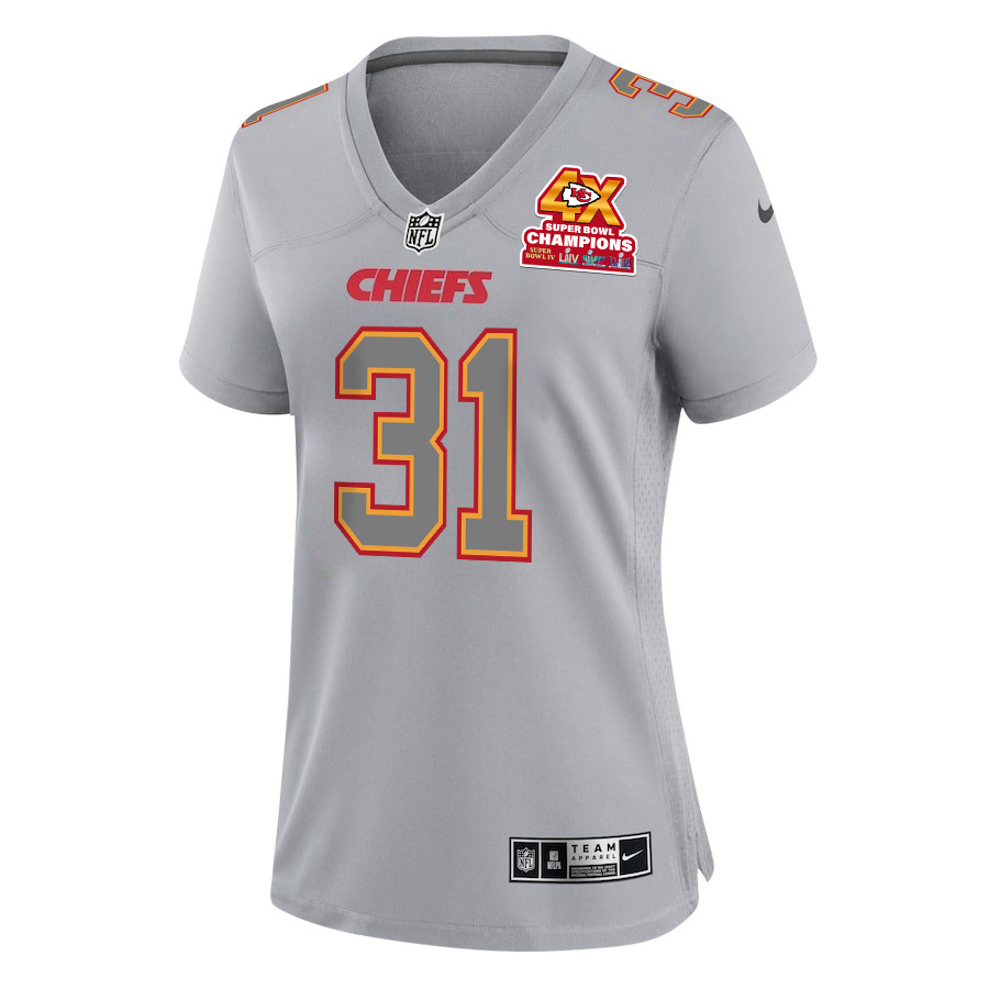 Nic Jones 31 Kansas City Chiefs Super Bowl LVIII Champions 4X Atmosphere Fashion Game Gray NFL Jersey Women's