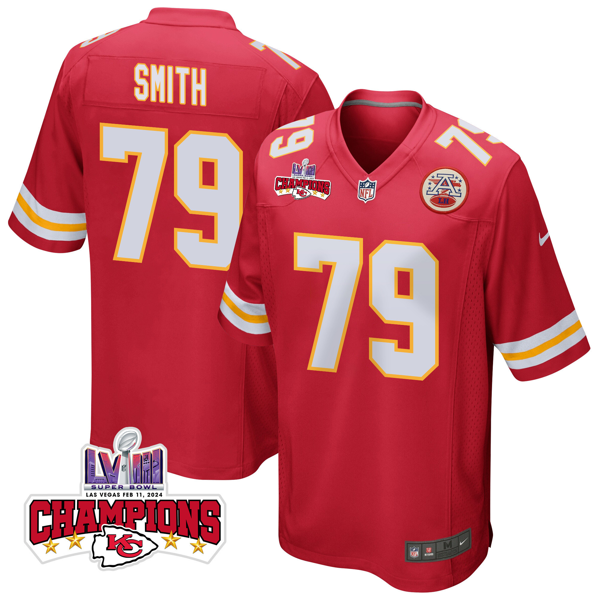 Donovan Smith 79 Kansas City Chiefs Super Bowl LVIII Champions 4 Stars Patch Game Red NFL Jersey Men's