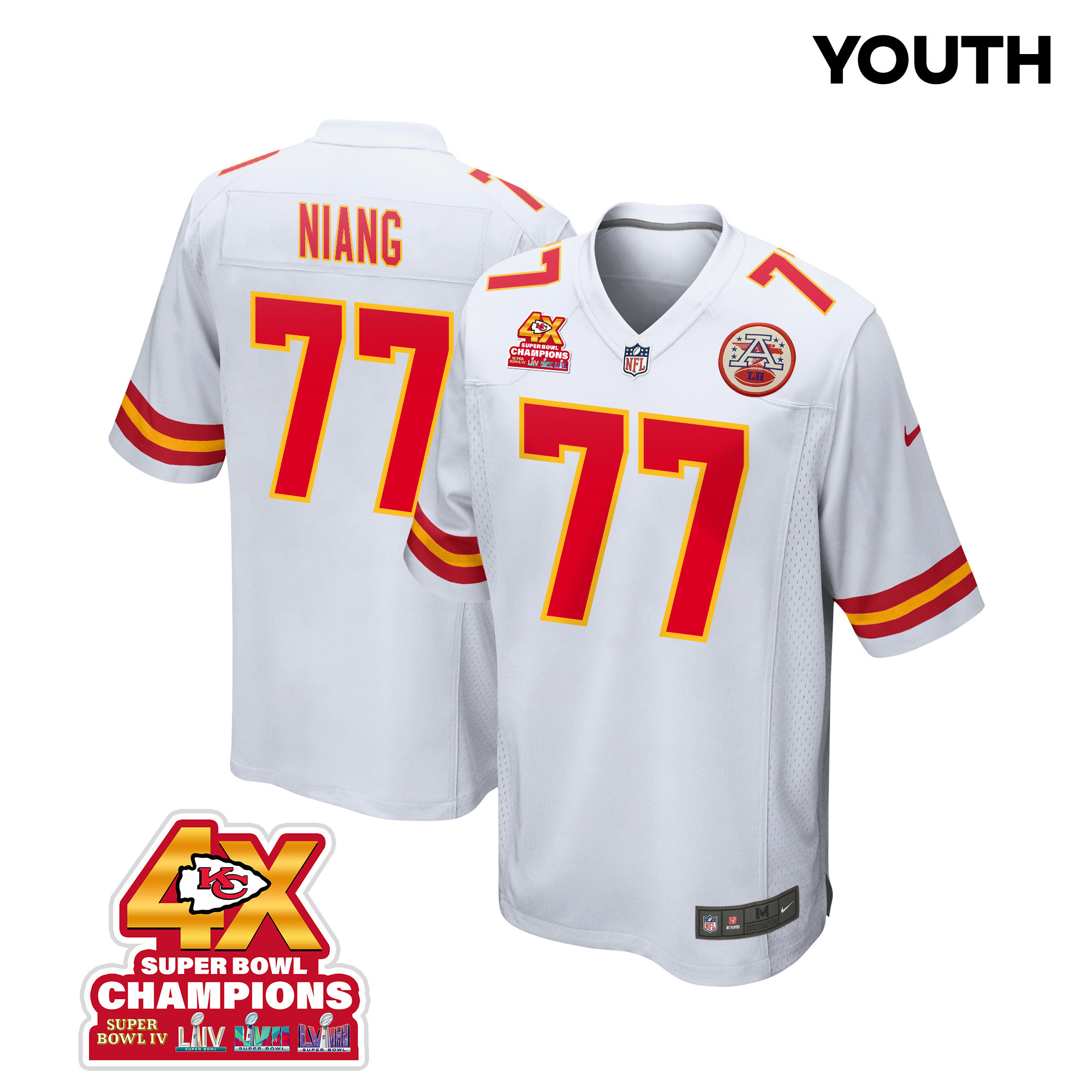 Lucas Niang 77 Kansas City Chiefs Super Bowl LVIII Champions 4X Game White NFL Jersey Youth