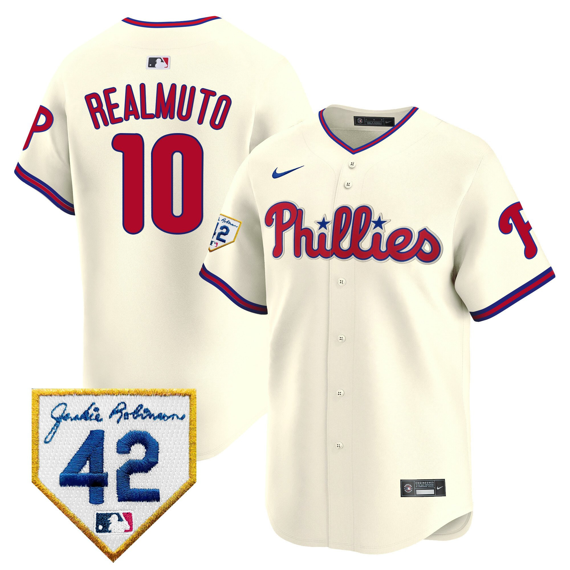 J.T. Realmuto 10 Philadelphia Phillies 2024 Jackie Robinson Patch Cream MLB Jersey Men's