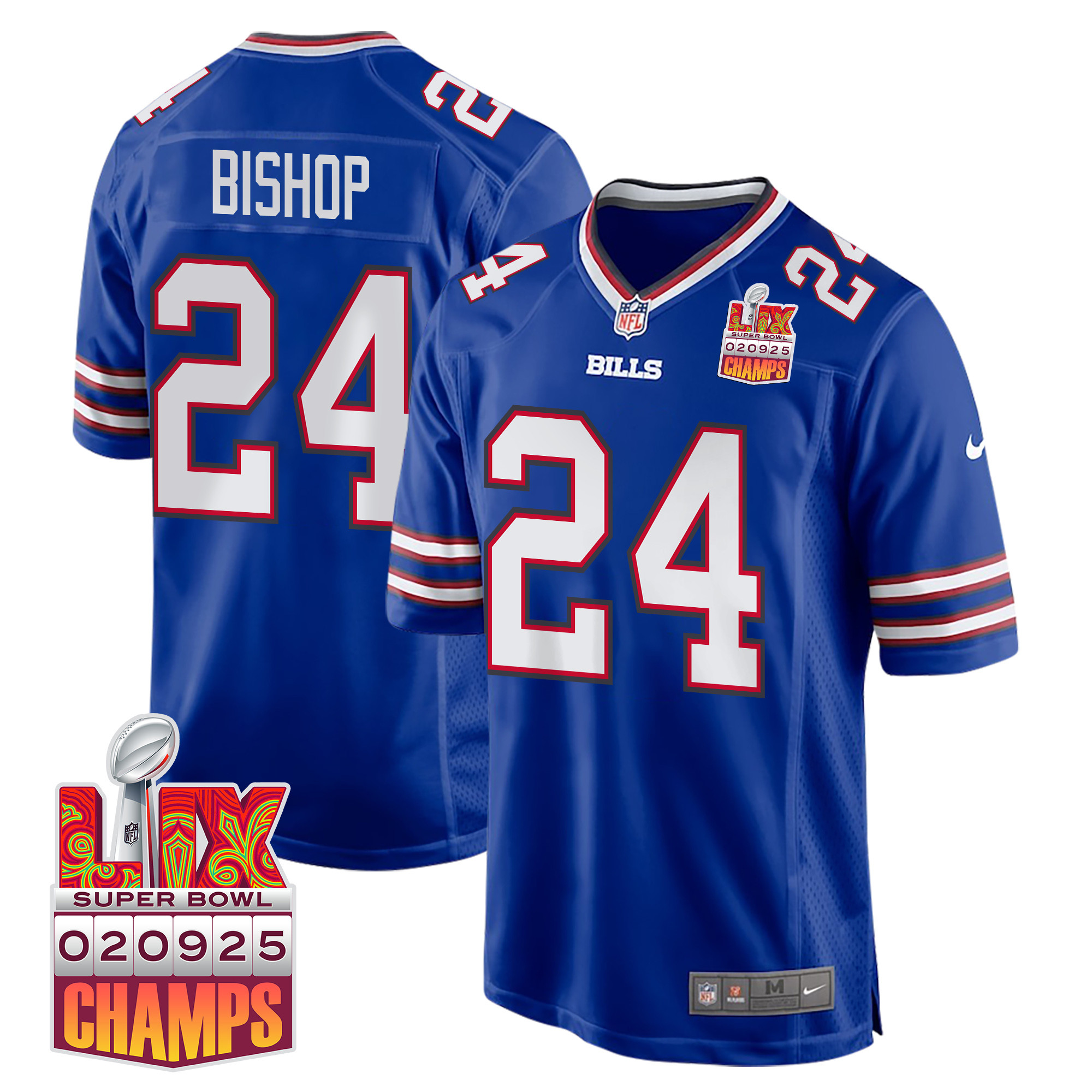 Cole Bishop 24 Buffalo Bills Super Bowl LIX Champions Patch Game Royal NFL Jersey Men's