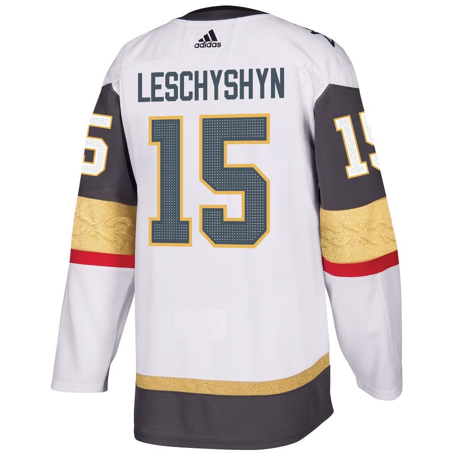 Jake Leschyshyn 15 Vegas Golden Knights Stanley Cup 2023 Champions Patch Away Breakaway White NHL Jersey Men's