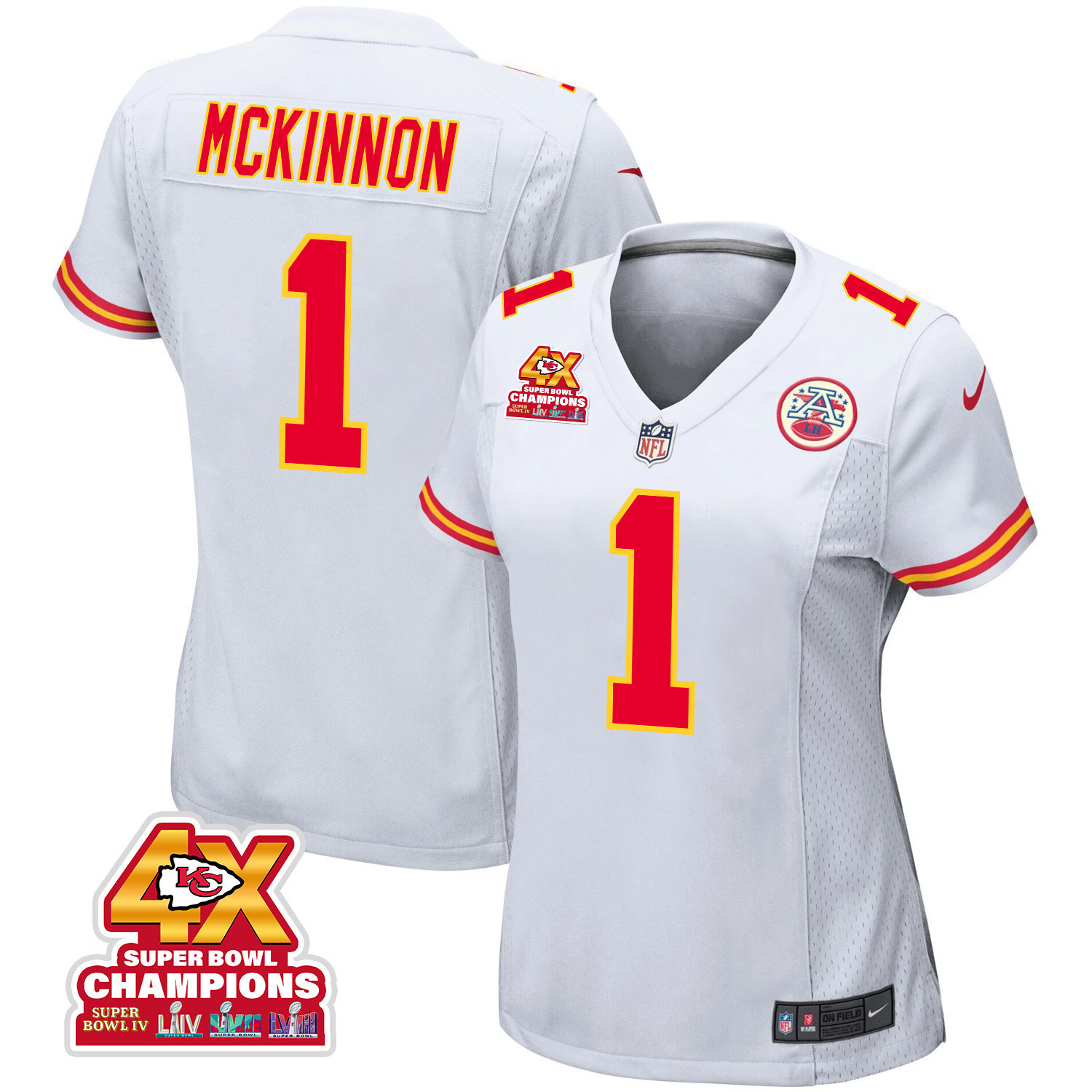 Jerick McKinnon 1 Kansas City Chiefs Super Bowl LVIII Champions 4X Game White NFL Jersey Women's