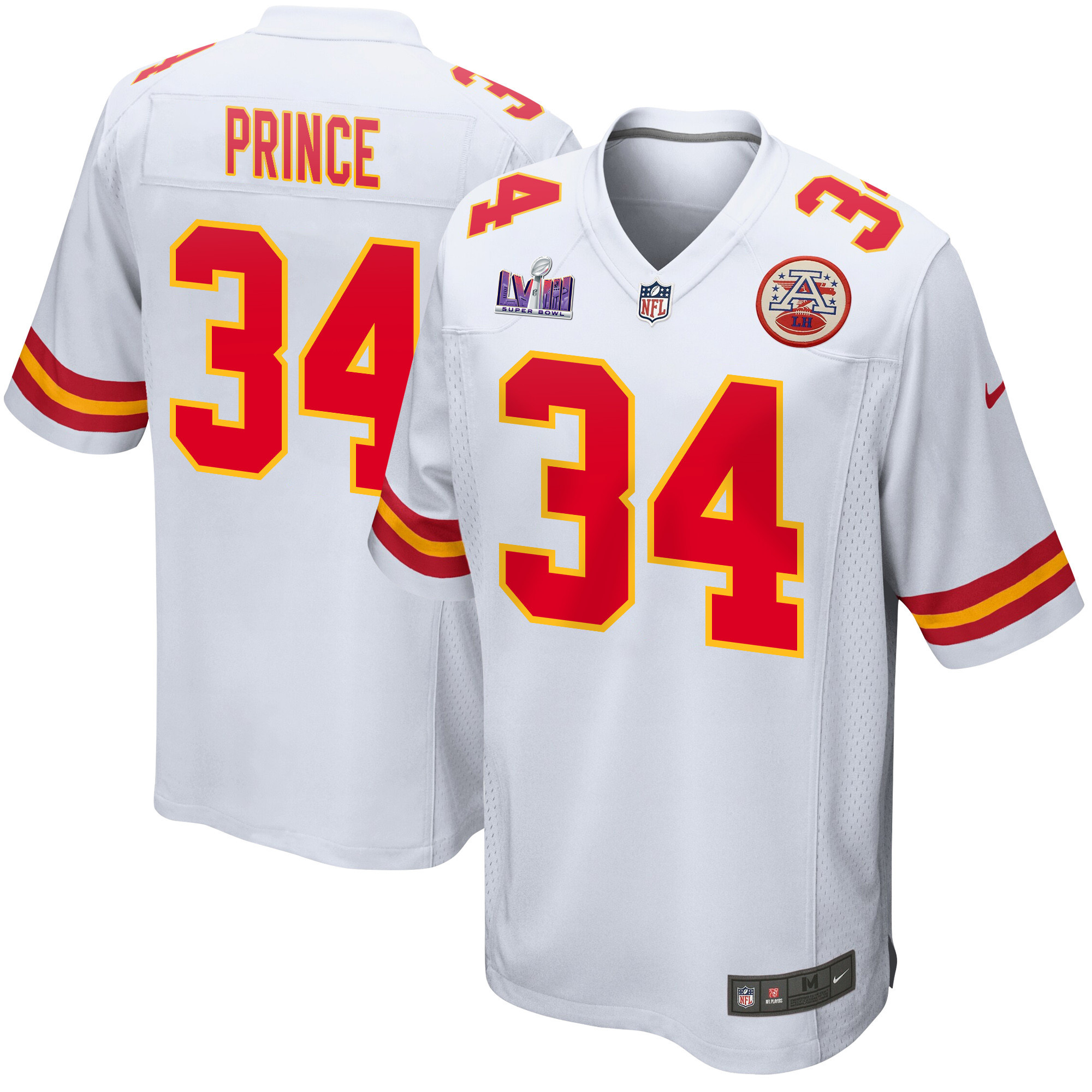 Deneric Prince 34 Kansas City Chiefs Super Bowl LVIII Patch Game White NFL Jersey Men's