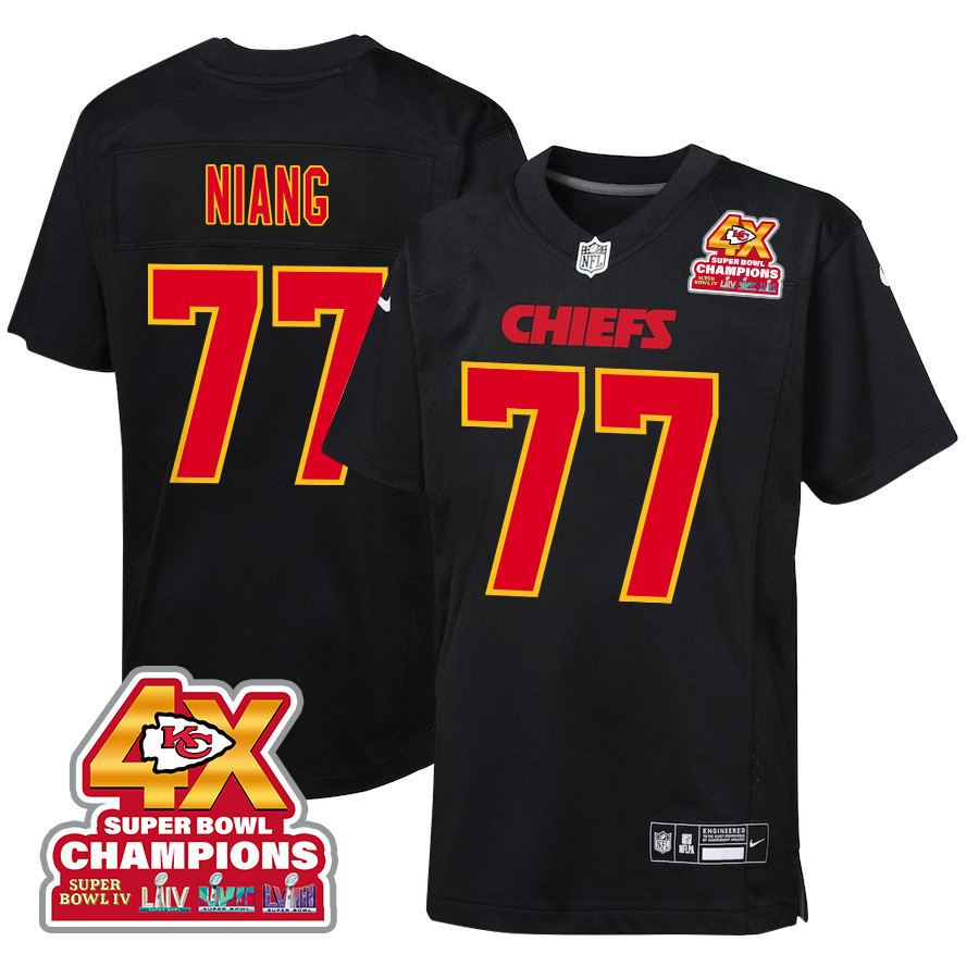 Lucas Niang 77 Kansas City Chiefs Super Bowl LVIII Champions 4X Fashion Game Carbon Black NFL Jersey Youth