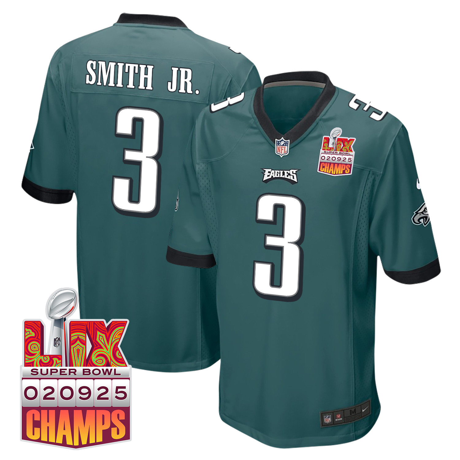 Nolan Smith Jr. 3 Philadelphia Eagles Super Bowl LIX Champions Patch Game Midnight Green NFL Jersey Men's