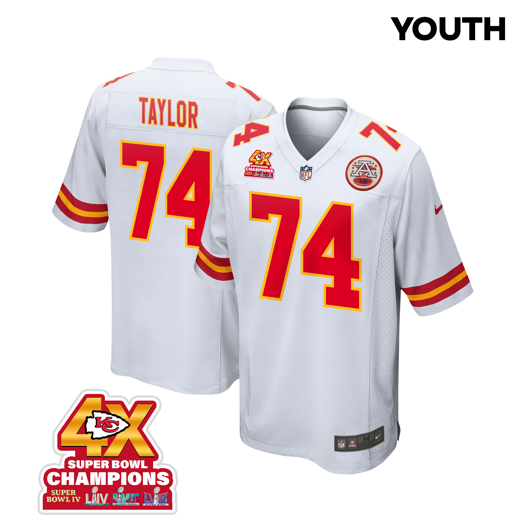Jawaan Taylor 74 Kansas City Chiefs Super Bowl LVIII Champions 4X Game White NFL Jersey Youth