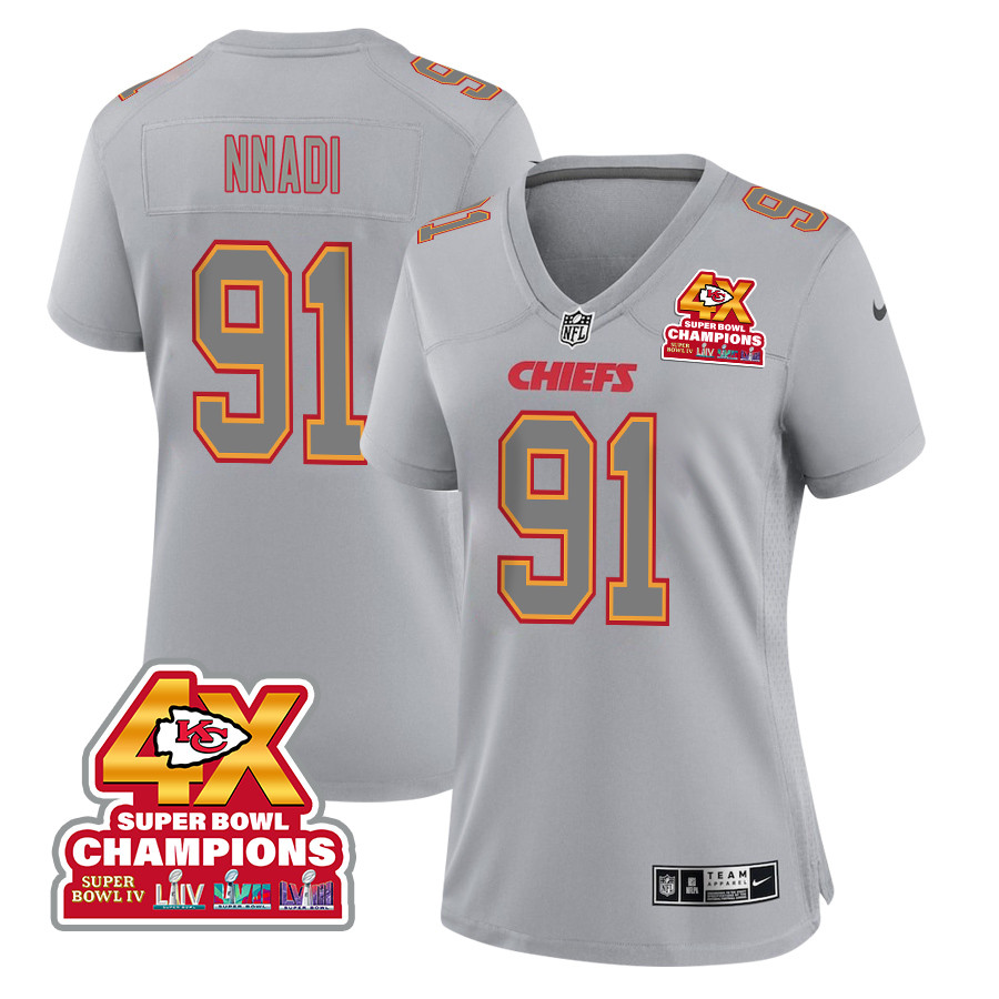 Derrick Nnadi 91 Kansas City Chiefs Super Bowl LVIII Champions 4X Atmosphere Fashion Game Gray NFL Jersey Women's