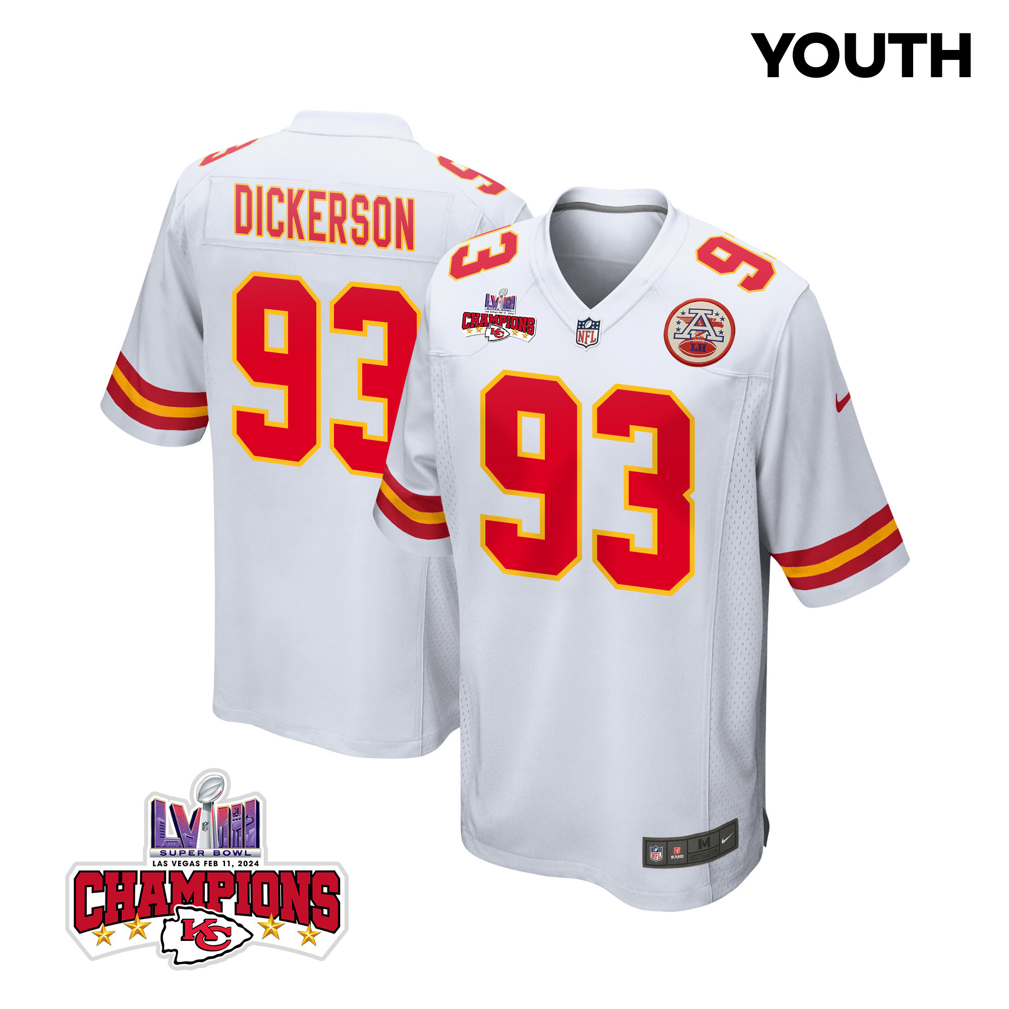 Matt Dickerson 93 Kansas City Chiefs Super Bowl LVIII Champions 4 Stars Patch Game White NFL Jersey Youth
