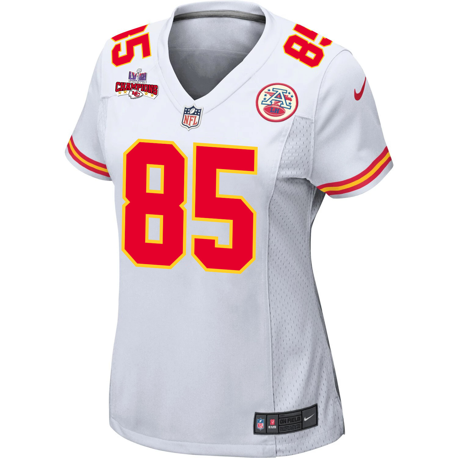 Izaiah Gathings 85 Kansas City Chiefs Super Bowl LVIII Champions 4 Stars Patch Game White NFL Jersey Women's