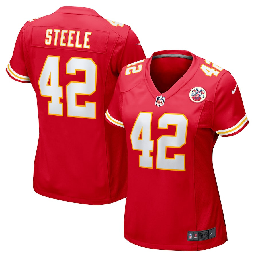 Carson Steele 42 Kansas City Chiefs Game Red NFL Jersey Women's