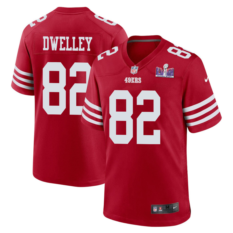 Ross Dwelley 82 San Francisco 49ers Super Bowl LVIII Patch Game Scarlet NFL Jersey Men's