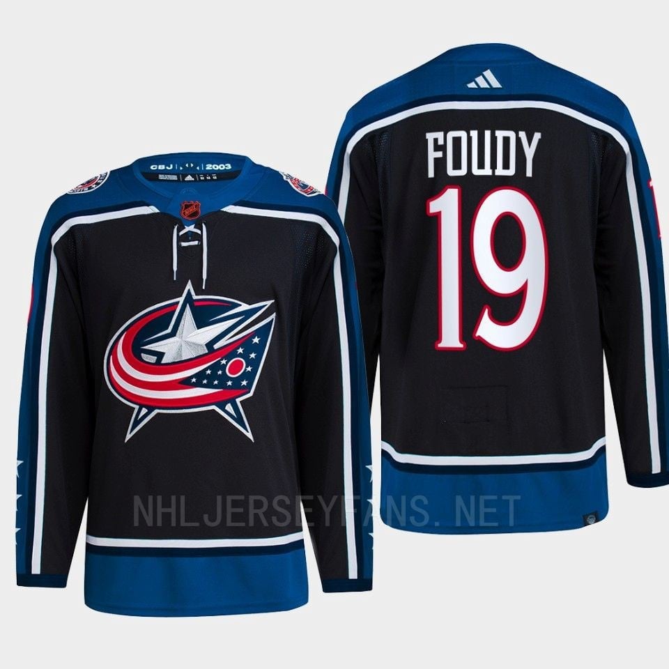 Liam Foudy 19 Reverse Retro 2.0 2022 Columbus Blue Jackets Navy Primegreen NHL Jersey Men's