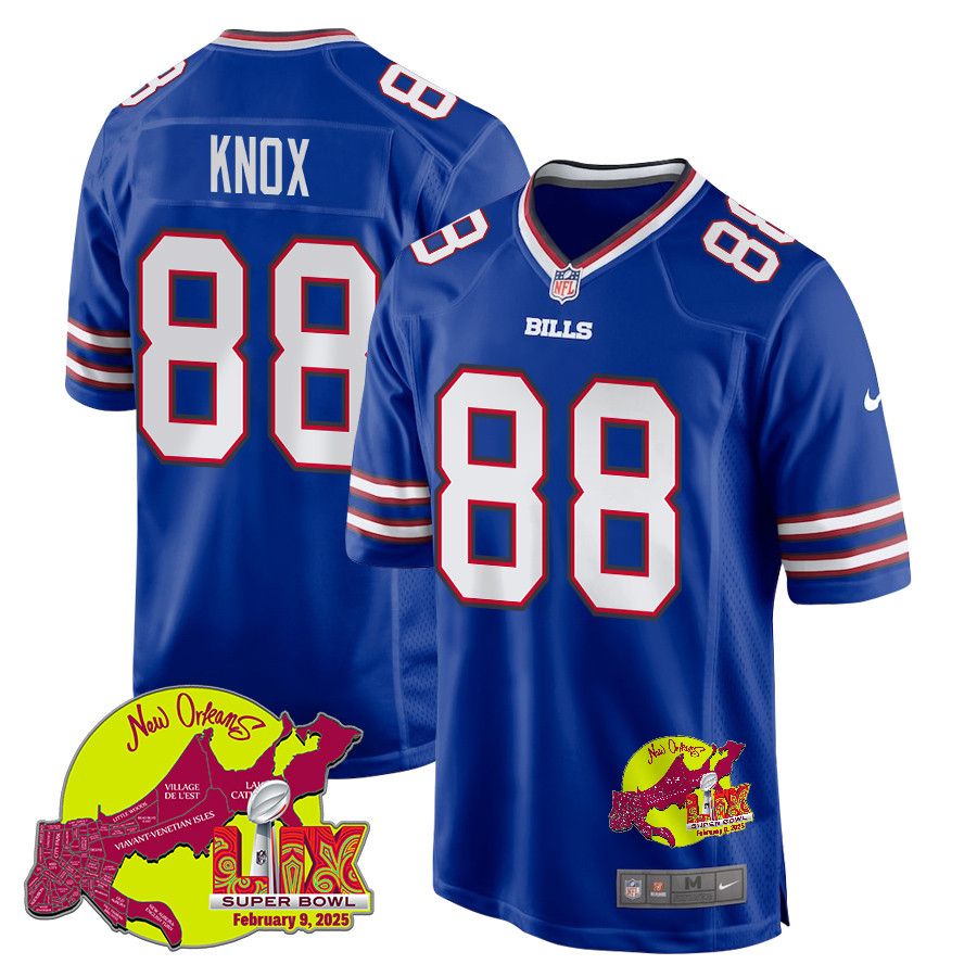 Dawson Knox 88 Buffalo Bills Super Bowl LIX New Orleans Patch Game Royal NFL Jersey Men's