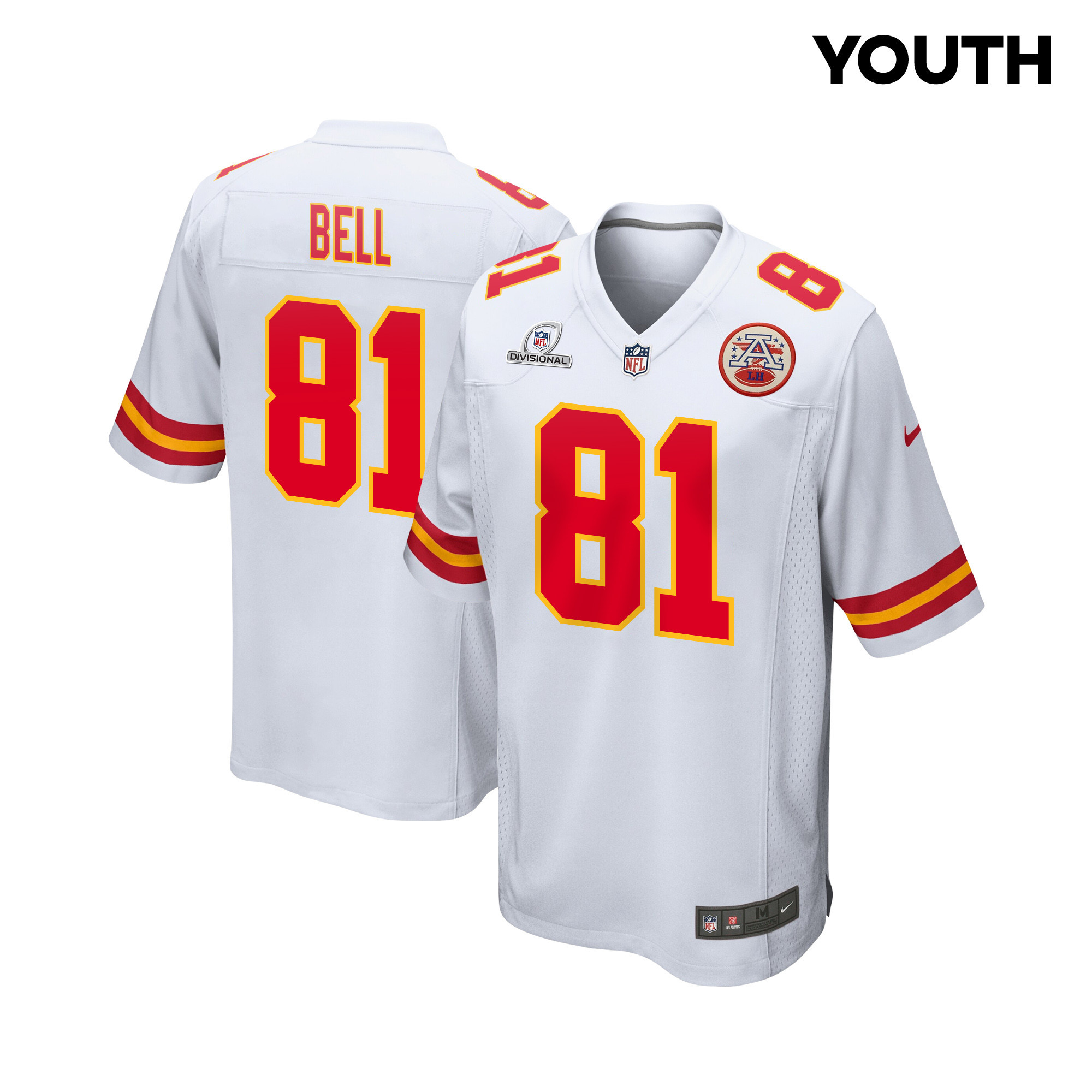 Blake Bell 81 Kansas City Chiefs Super Bowl LVIII Patch Game White NFL Jersey Youth