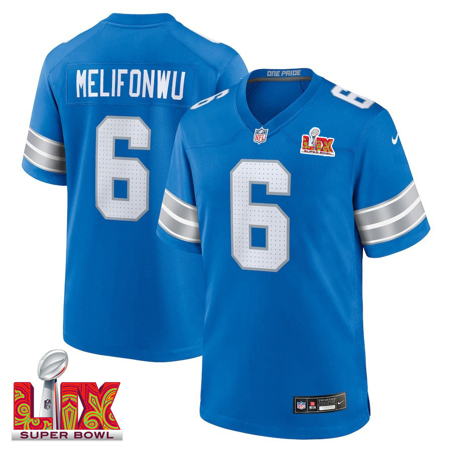 Ifeatu Melifonwu #6 Detroit Lions Super Bowl LIX Blue NFL Jersey Men's