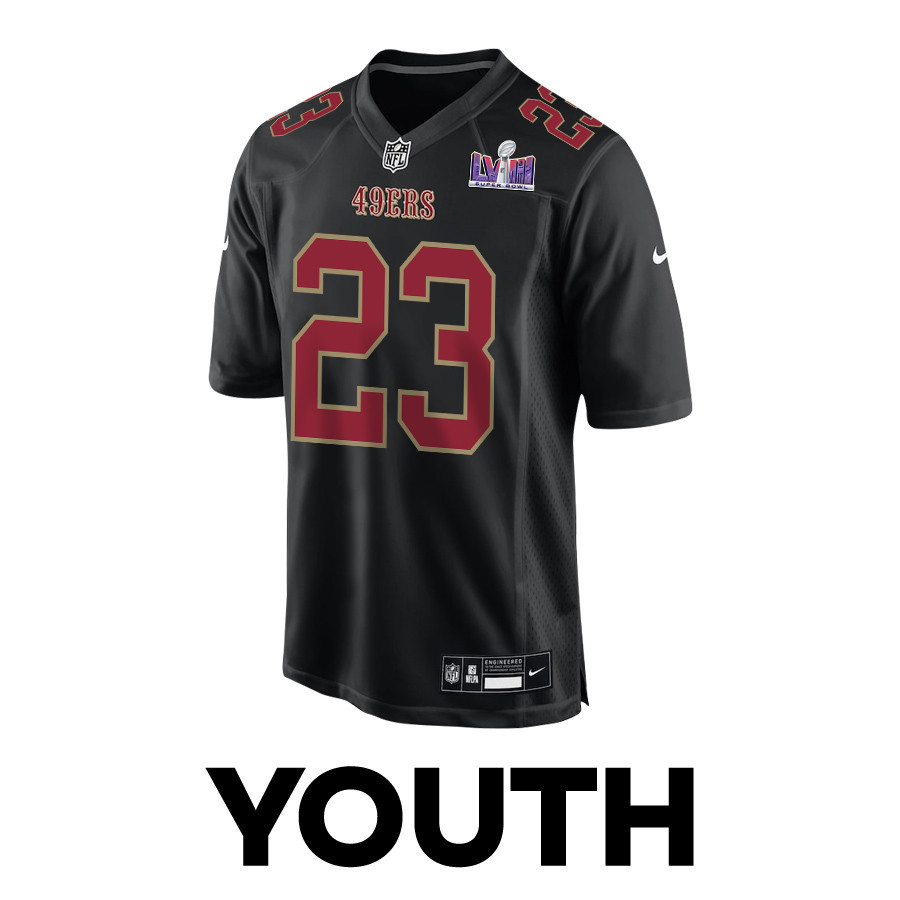 Christian McCaffrey 23 San Francisco 49ers Super Bowl LVIII Patch Fashion Game Carbon Black NFL Jersey Youth