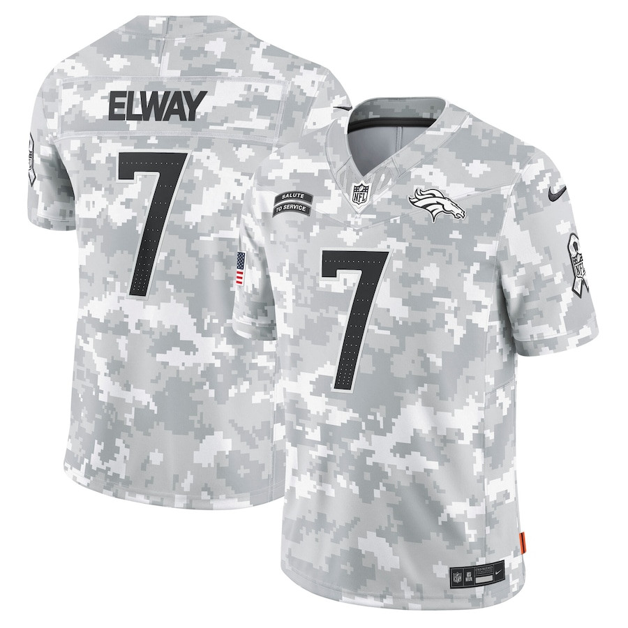 John Elway 7 Denver Broncos 2024 Salute to Service Retired Player Limited Arctic Camo NFL Jersey Men's