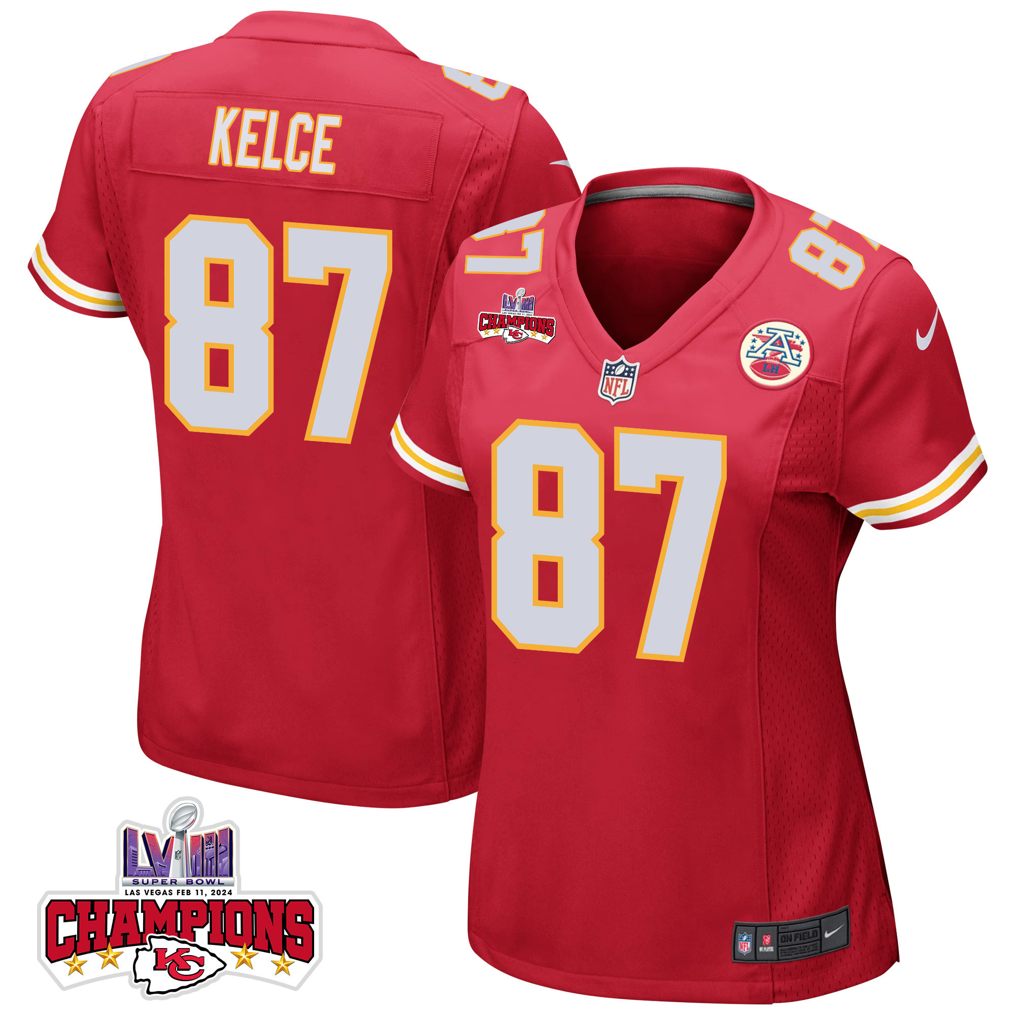 Travis Kelce 87 Kansas City Chiefs Super Bowl LVIII Champions 4 Stars Patch Game Red NFL Jersey Women's