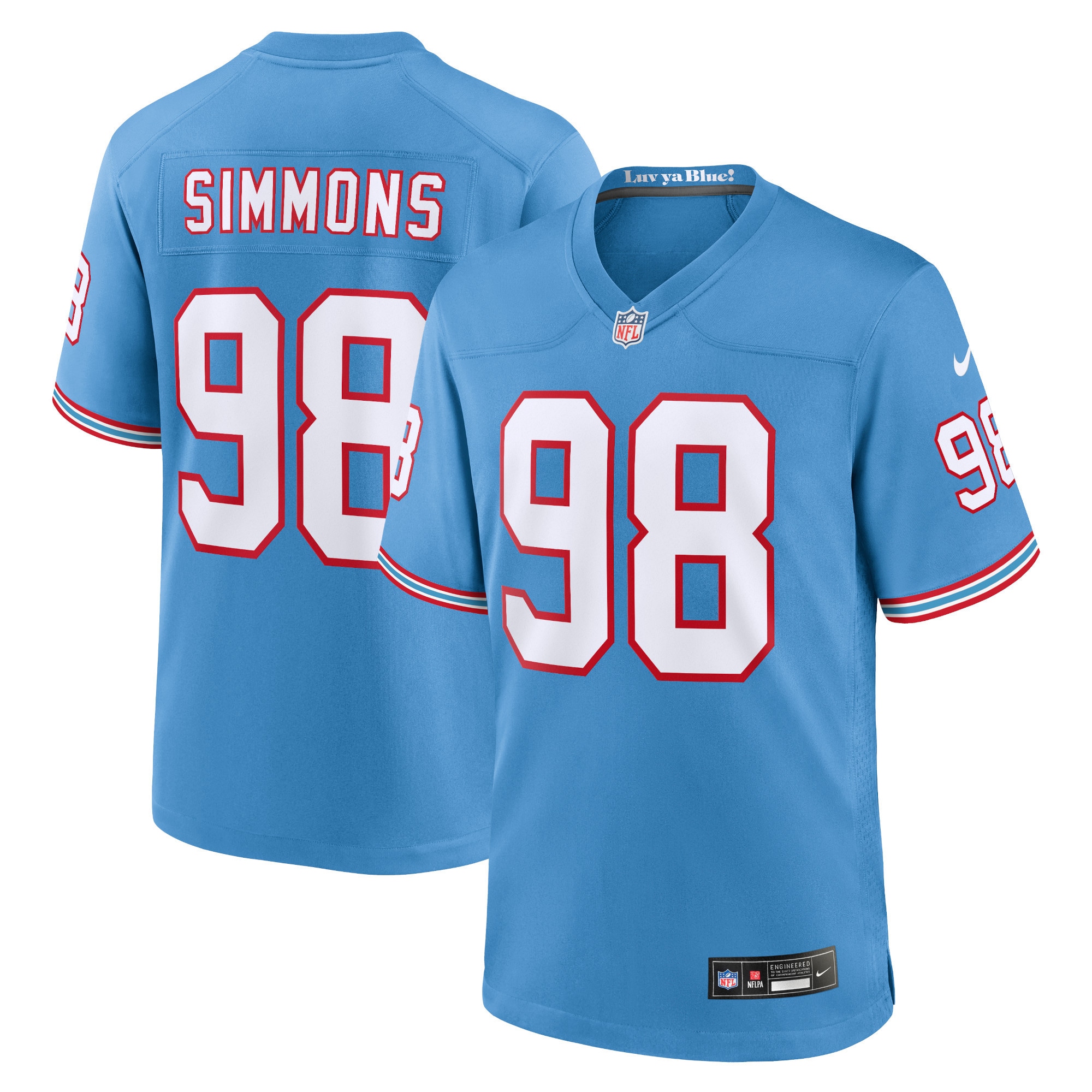 Tennessee Titans Jeffery Simmons Light Blue Oilers Throwback Alternate Game Player NFL Jersey Men's