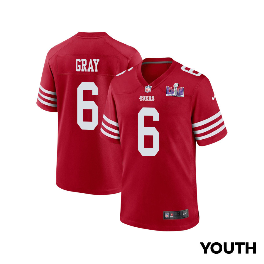 Danny Gray 6 San Francisco 49ers Super Bowl LVIII Patch Game Scarlet NFL Jersey Youth