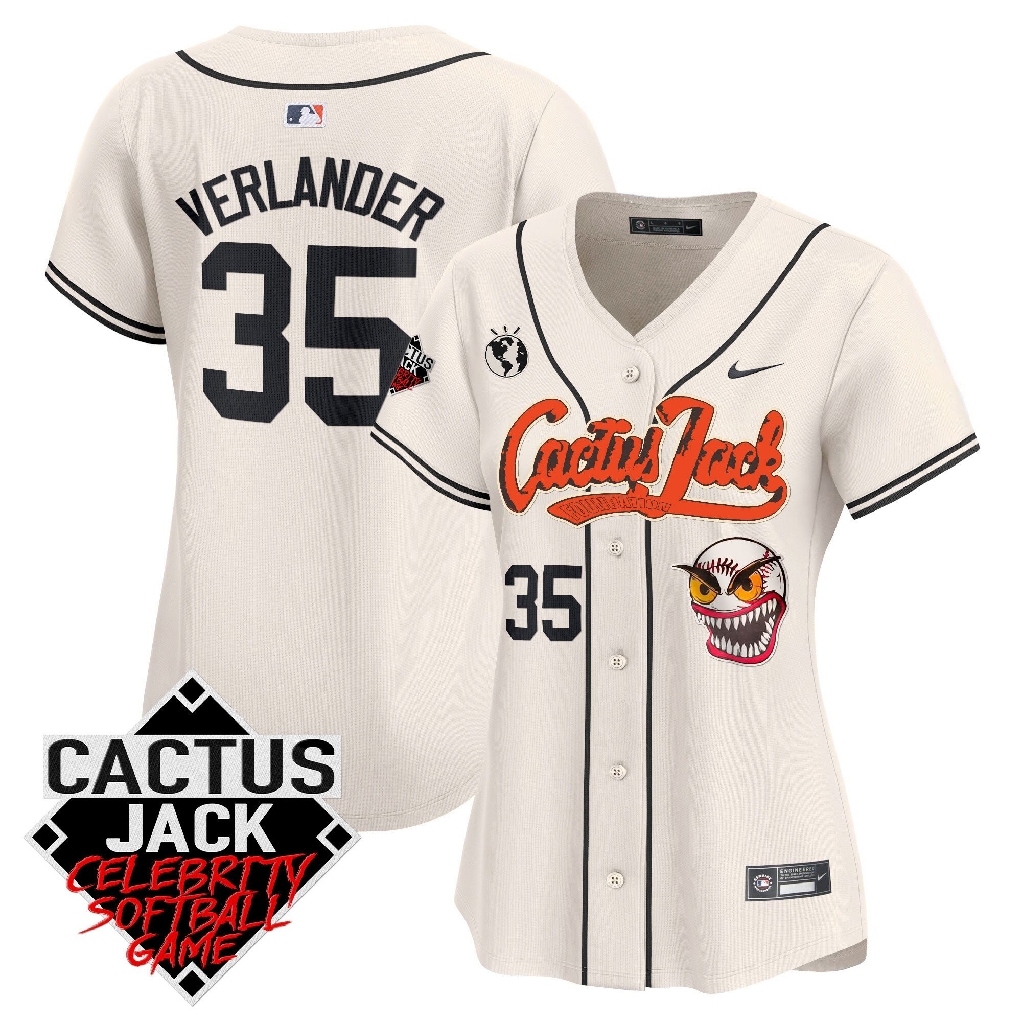 Justin Verlander 35 Houston Astros Cactus Jack Celebrity Softball Game Patch Cream MLB Jersey Women's