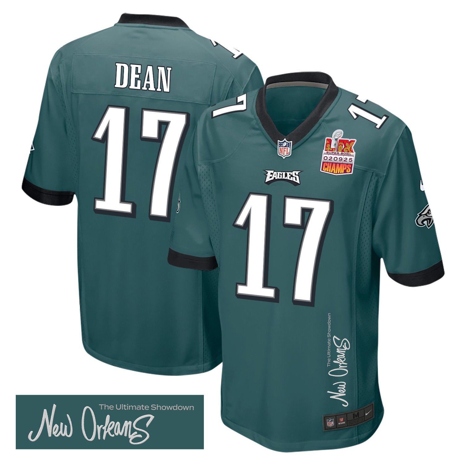 Nakobe Dean 17 Philadelphia Eagles Super Bowl LIX Champions Patch New Orleans The Ultimate Showdown' EMBROIDERED Game Midnight Green NFL Jersey Men's