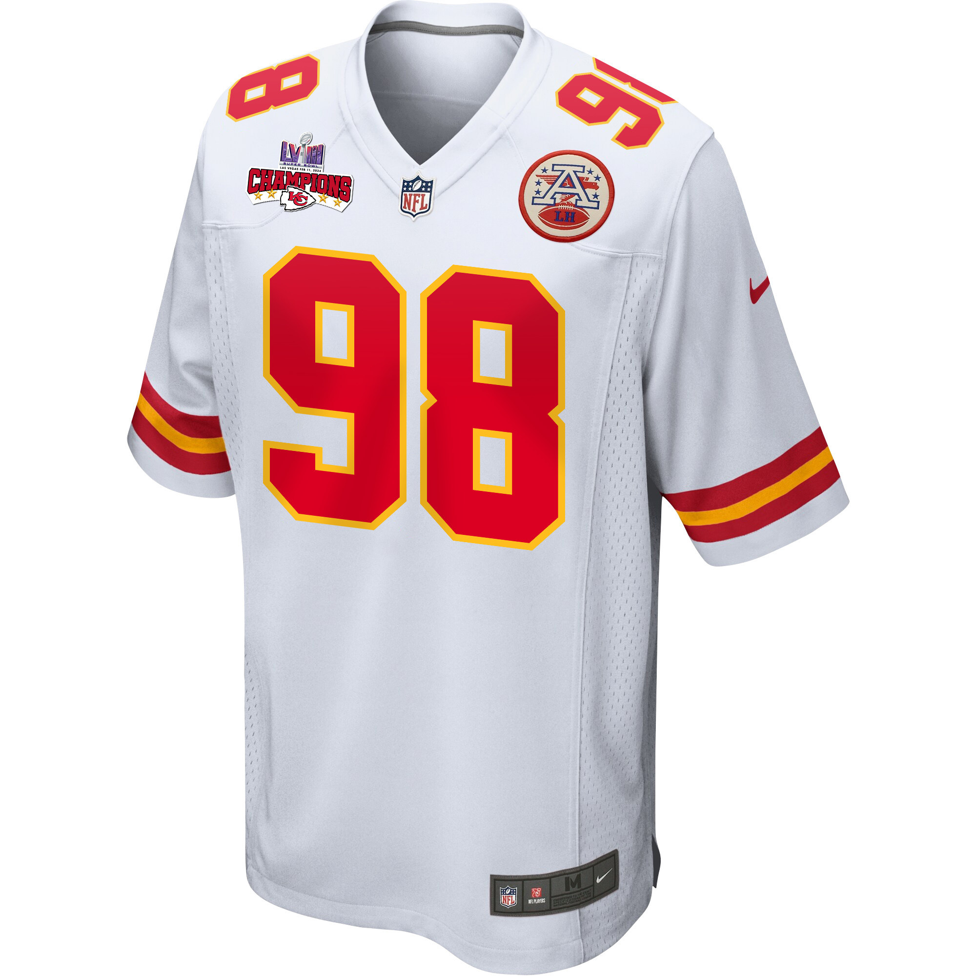 Tershawn Wharton 98 Kansas City Chiefs Super Bowl LVIII Champions 4 Stars Patch Game White NFL Jersey Men's