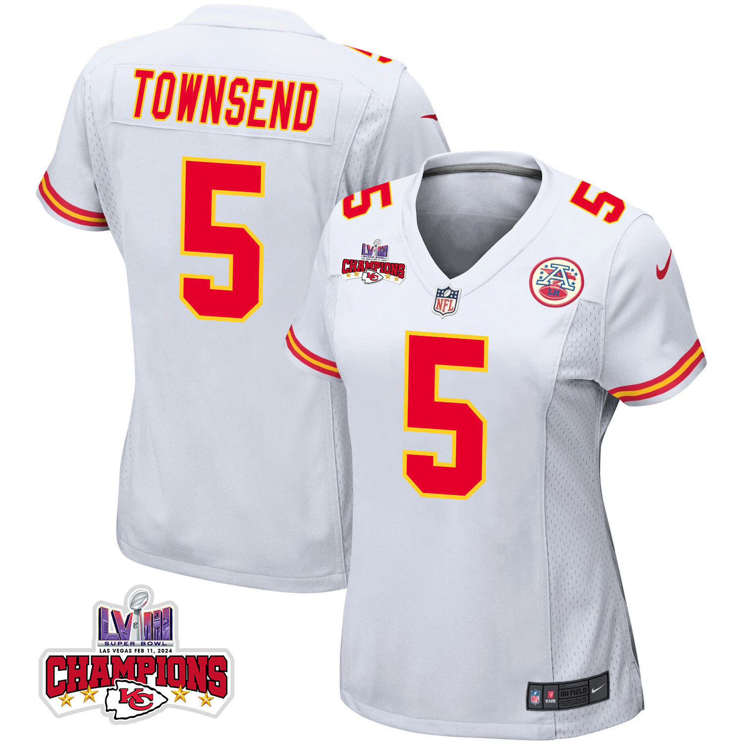 Tommy Townsend 5 Kansas City Chiefs Super Bowl LVIII Champions 4 Stars Patch Game White NFL Jersey Women's