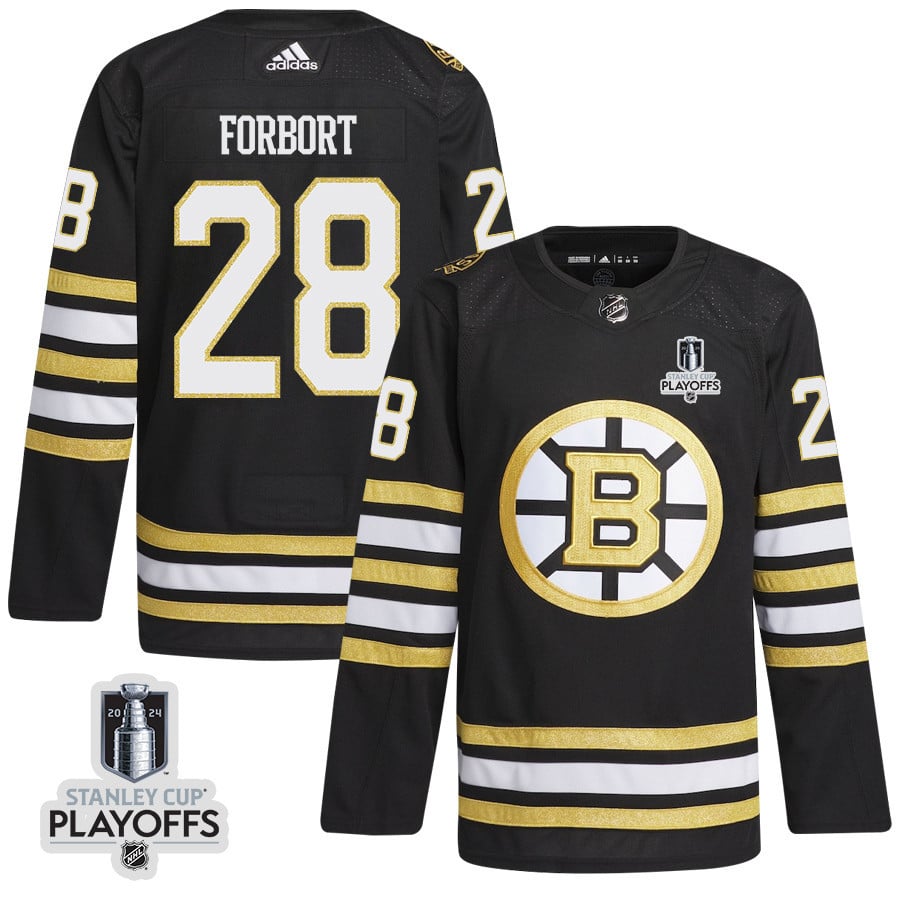 Derek Forbort 28 Boston Bruins 2024 Playoffs Patch Home Black NHL Jersey Men's