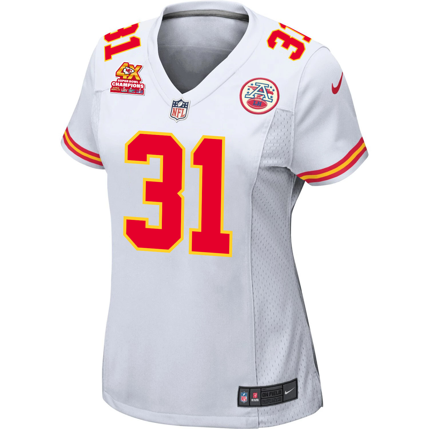 Nic Jones 31 Kansas City Chiefs Super Bowl LVIII Champions 4X Game White NFL Jersey Women's