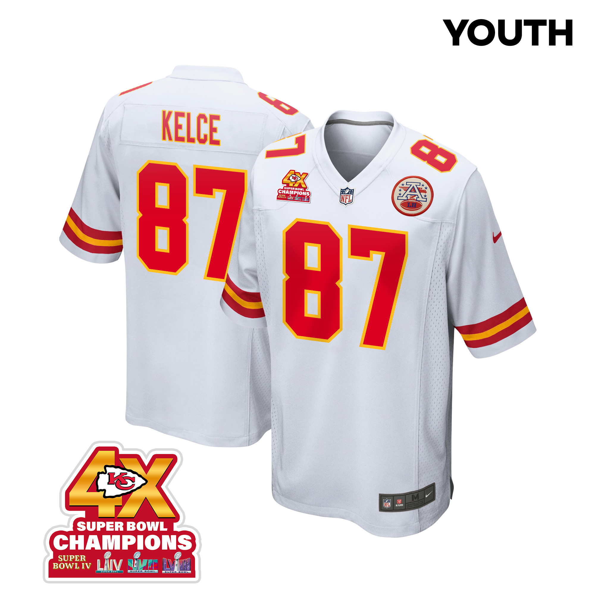 Travis Kelce 87 Kansas City Chiefs Super Bowl LVIII Champions 4X Game White NFL Jersey Youth