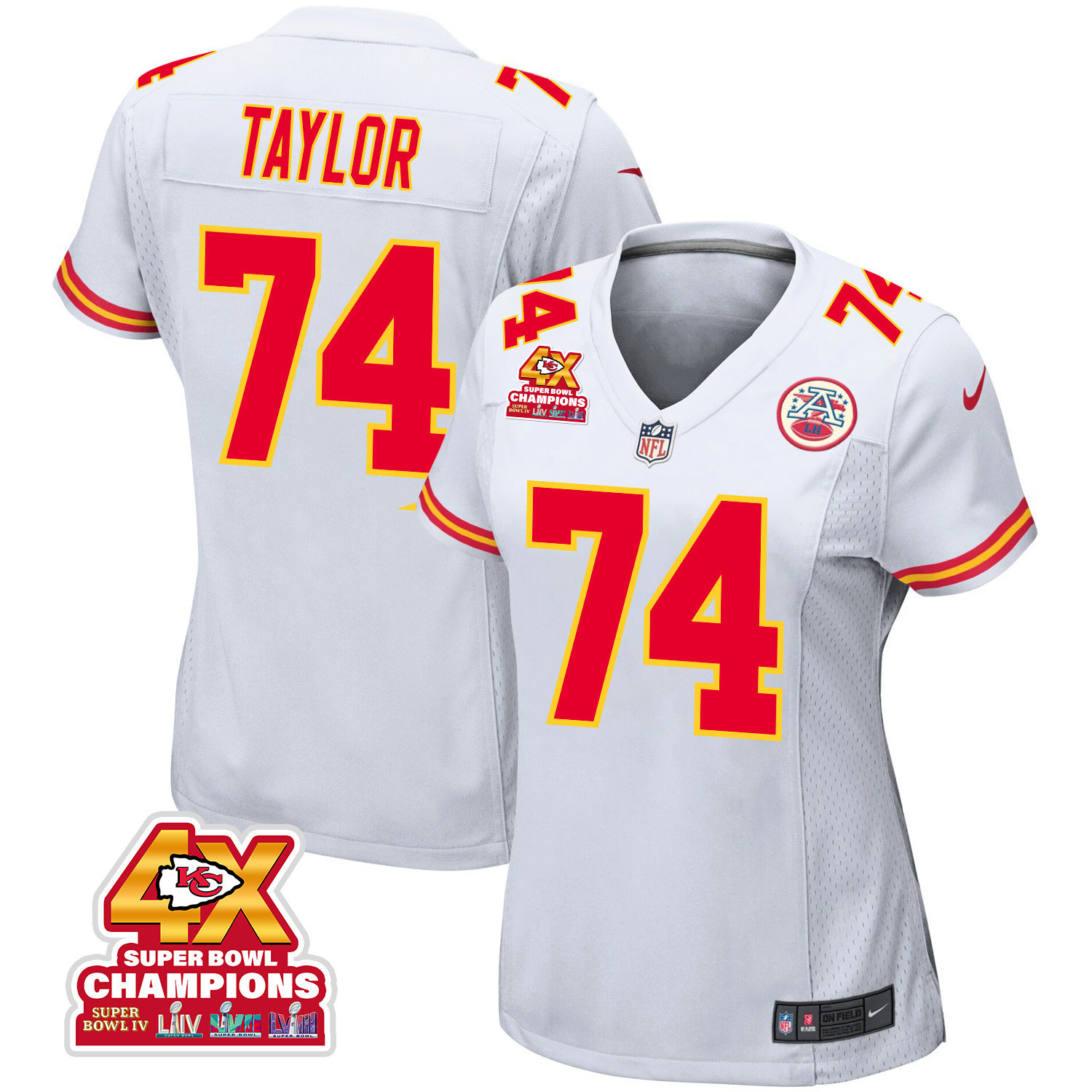 Jawaan Taylor 74 Kansas City Chiefs Super Bowl LVIII Champions 4X Game White NFL Jersey Women's