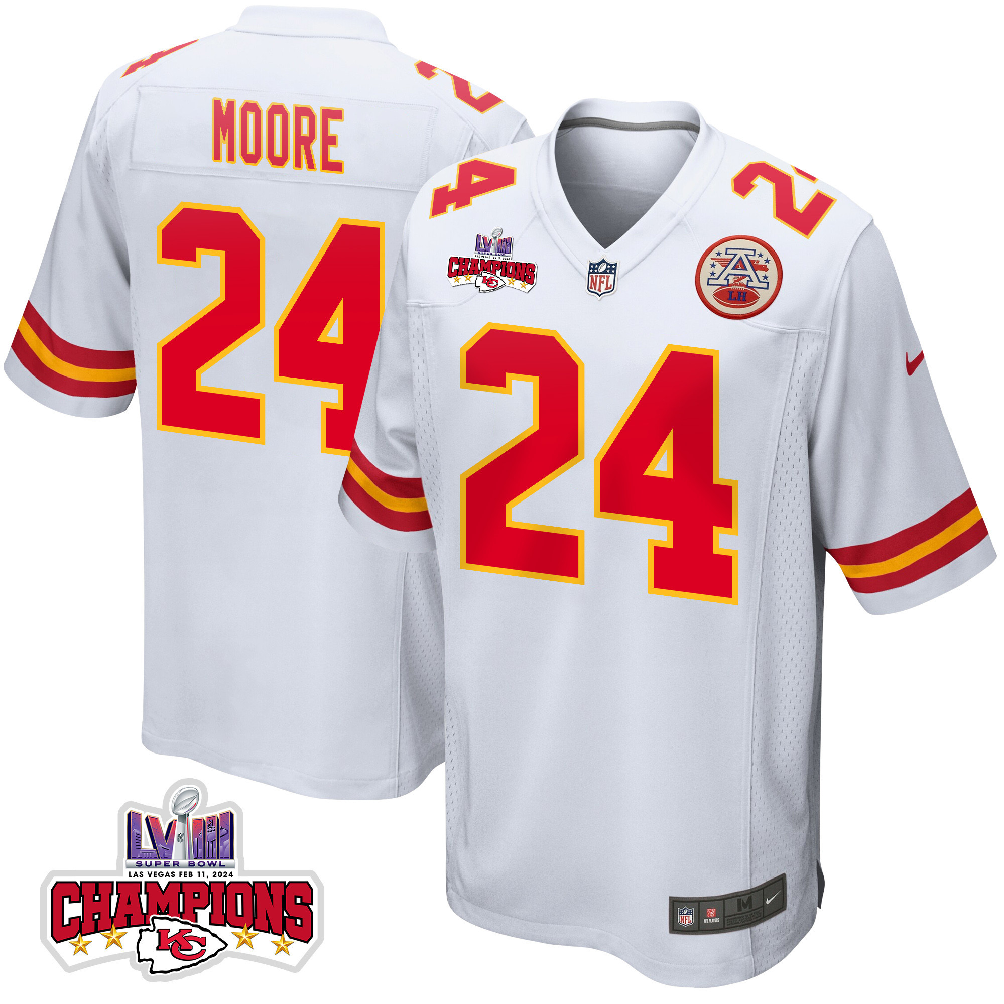 Skyy Moore 24 Kansas City Chiefs Super Bowl LVIII Champions 4 Stars Patch Game White NFL Jersey Men's