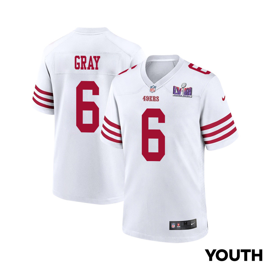 Danny Gray 6 San Francisco 49ers Super Bowl LVIII Patch Game White NFL Jersey Youth