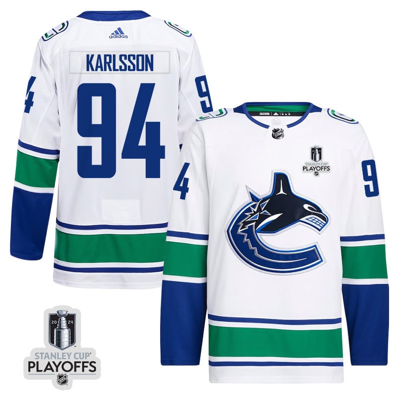 Linus Karlsson 94 Vancouver Canucks 2024 Playoffs Patch Away White NHL Jersey Men's