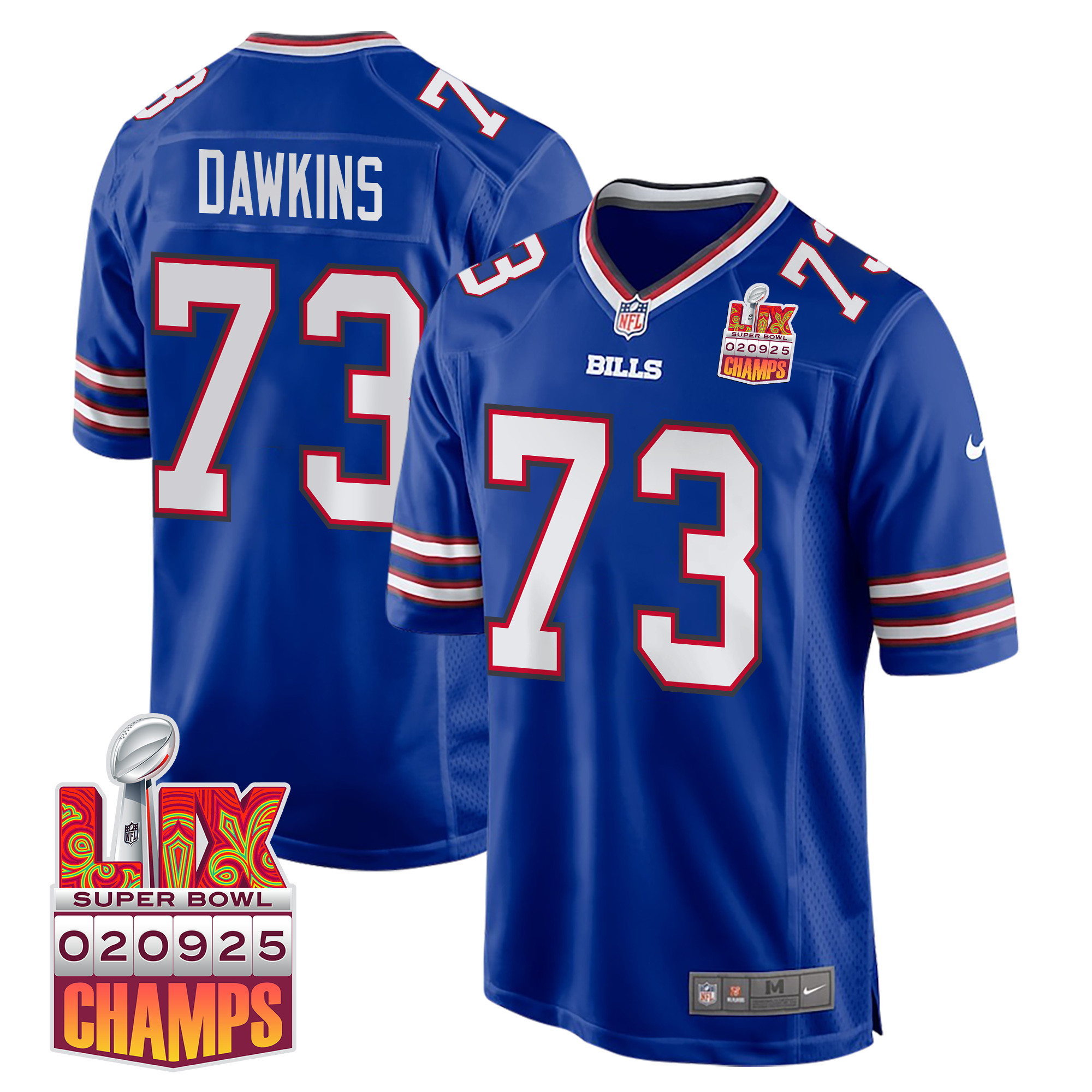 Dion Dawkins 73 Buffalo Bills Super Bowl LIX Champions Patch Game Royal NFL Jersey Men's